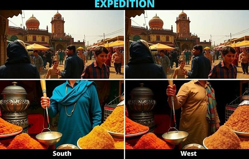 Garam Masala Expedition Regional Variations Comparison of regional content in Garam Masala Expedition showing different spices, clothing, and market scenes from North, South, East, and West India