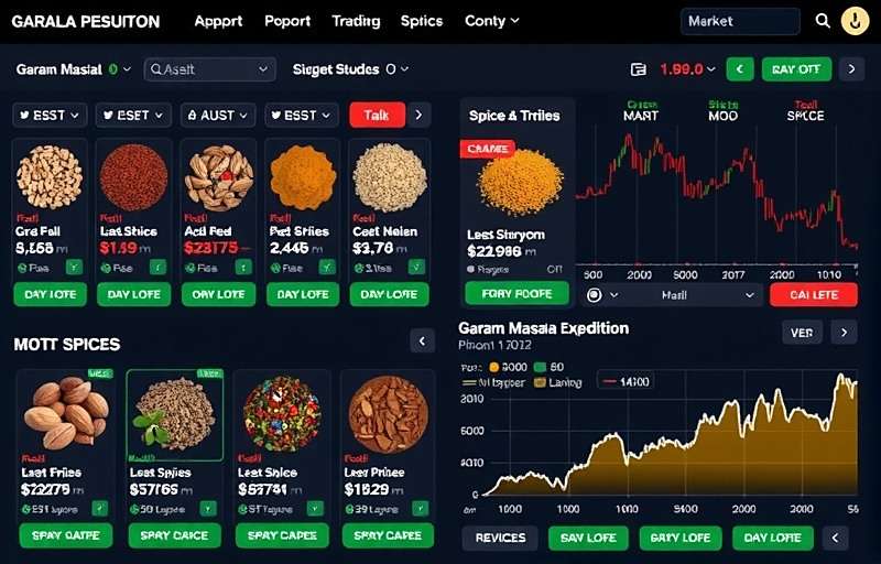 Garam Masala Expedition Trading System Garam Masala Expedition trading interface showing various spices with fluctuating prices and market trends